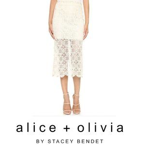 ALICE + OLIVIA Khiara Cream Lace Sheer Crochet Pencil Midi Skirt, Size 0